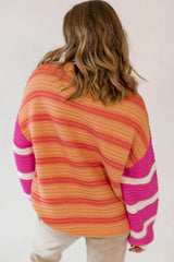 Orange Stripe Colorblock Crew Neck Drop Shoulder Loose Sweater Sweaters JT's Designer Fashion