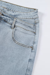 Sky Blue Mid Rise Asymmetrical Waist Wide Leg Jeans Jeans JT's Designer Fashion