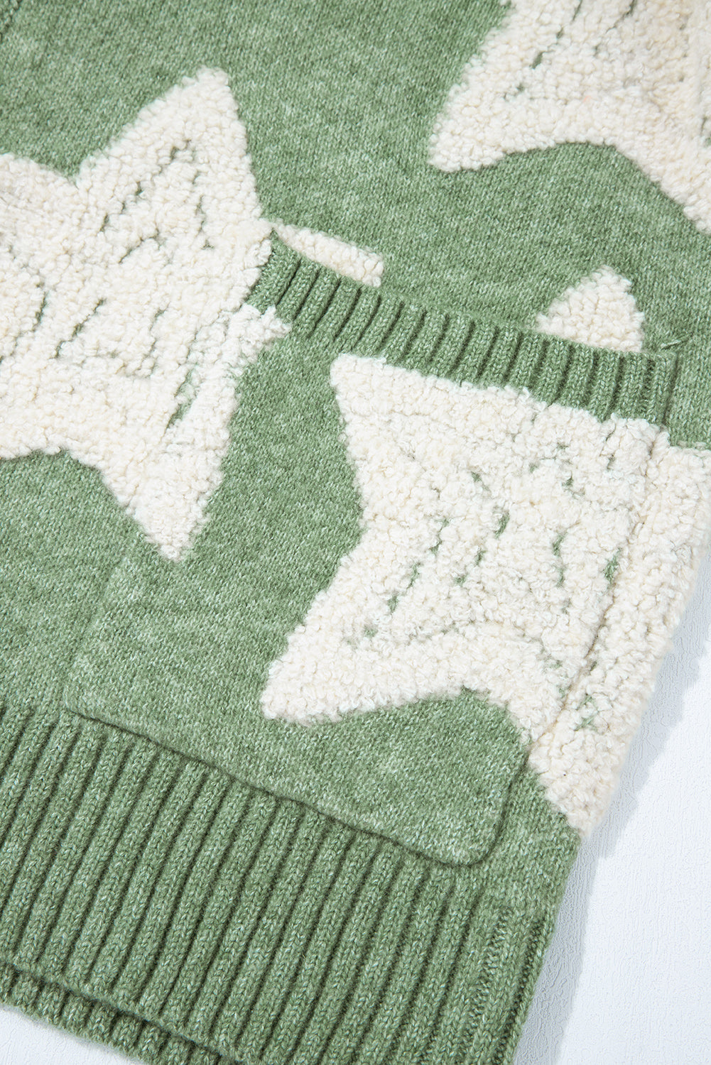 Green Sherpa Star Pattern Textured Sweater Cardigan with Pockets Cardigans JT's Designer Fashion