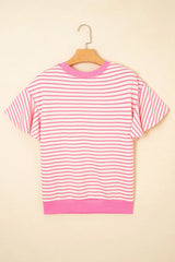 Sachet Pink Striped Sequin USA Flag Inspire Balloon Dog Patched Ruffled Short Sleeve Top Graphic Tees JT's Designer Fashion
