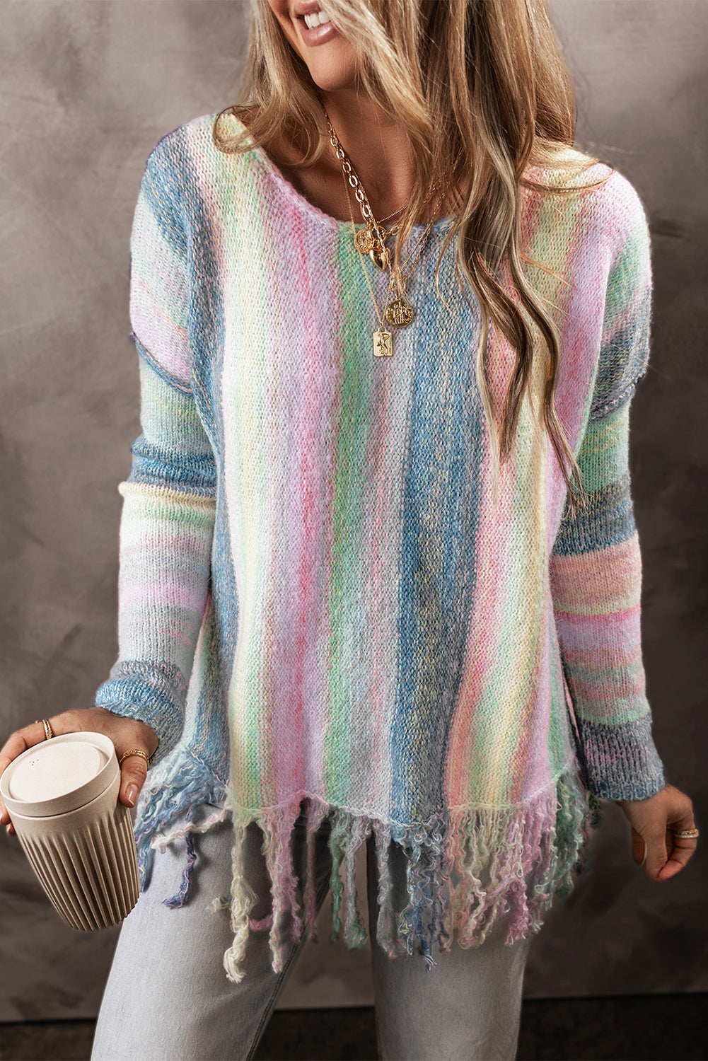 Purple Color Block Fringed Drop Shoulder Tunic Sweater Sweaters JT's Designer Fashion