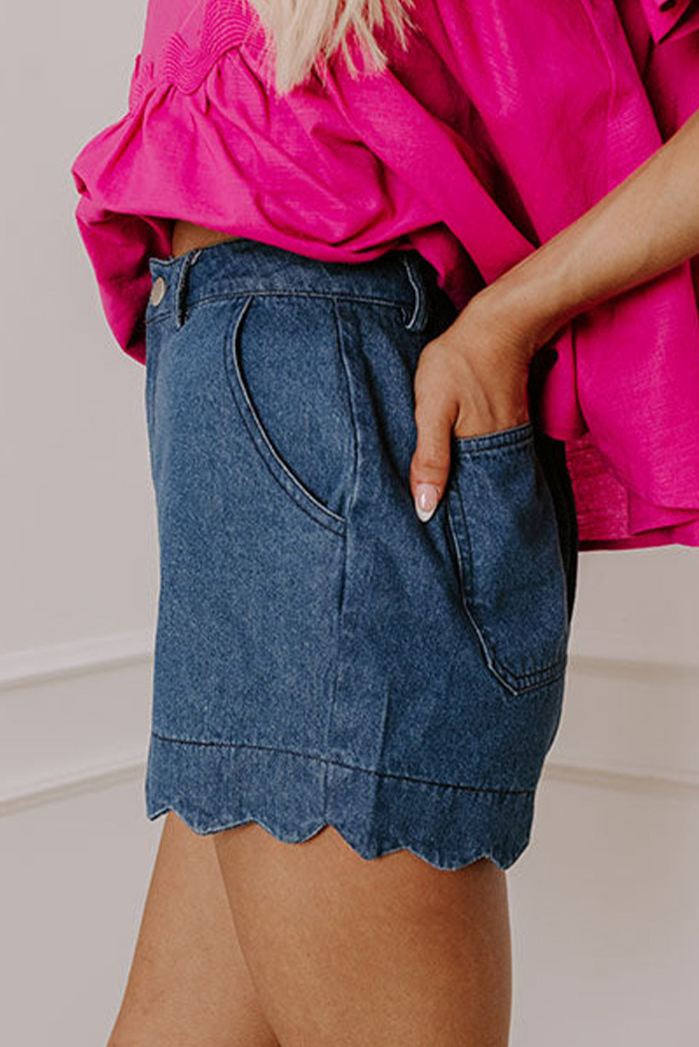 Sail Blue Scalloped Hemline Acid Wash High Waist Denim Shorts Denim Shorts JT's Designer Fashion