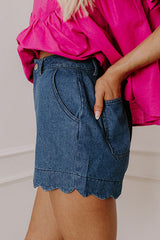 Sail Blue Scalloped Hemline Acid Wash High Waist Denim Shorts Denim Shorts JT's Designer Fashion