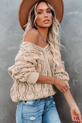 Apricot Crochet Knit Ribbed Hem Hollow-out Sweater Sweaters JT's Designer Fashion