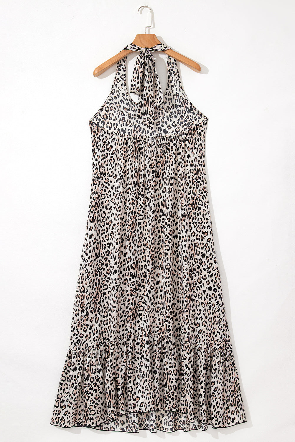 Brown Leopard Printed Halter Neck Backless Ruffled Hem Long Dress Maxi Dresses JT's Designer Fashion