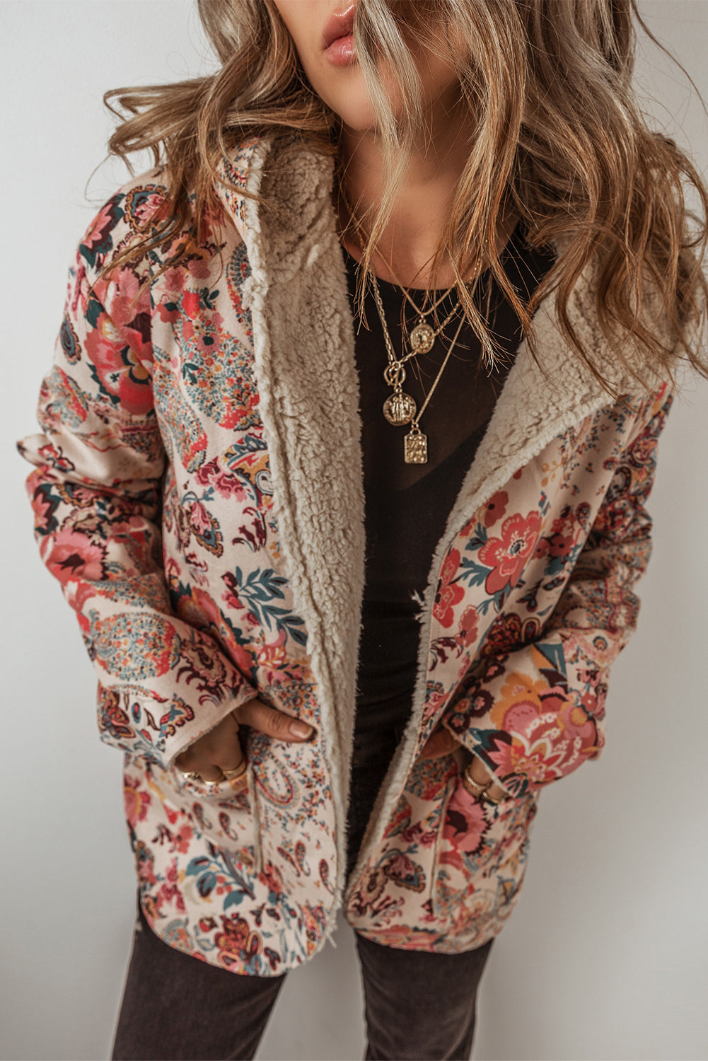 Beige Vintage Paisley Floral Printed Sherpa Lined Hooded Jacket Beige 100%Polyester Jackets JT's Designer Fashion