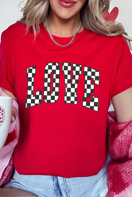 Red Checkered LOVE Letter Graphic Valentines T Shirt Graphic Tees JT's Designer Fashion