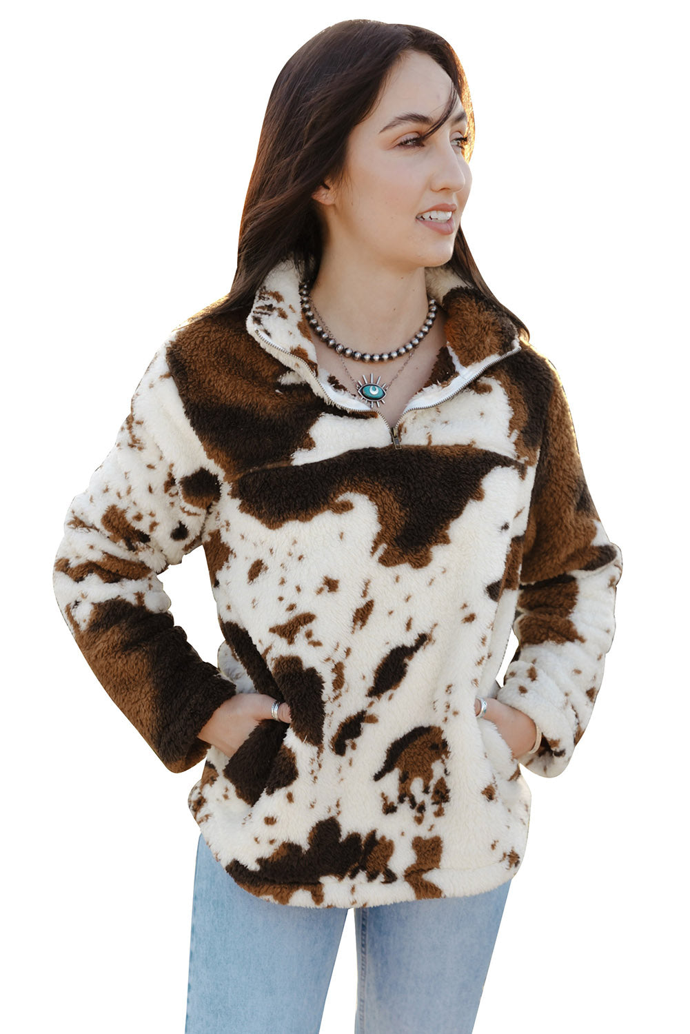 Zip Collar Cow Print Fleece Sweatshirt Sweatshirts & Hoodies JT's Designer Fashion