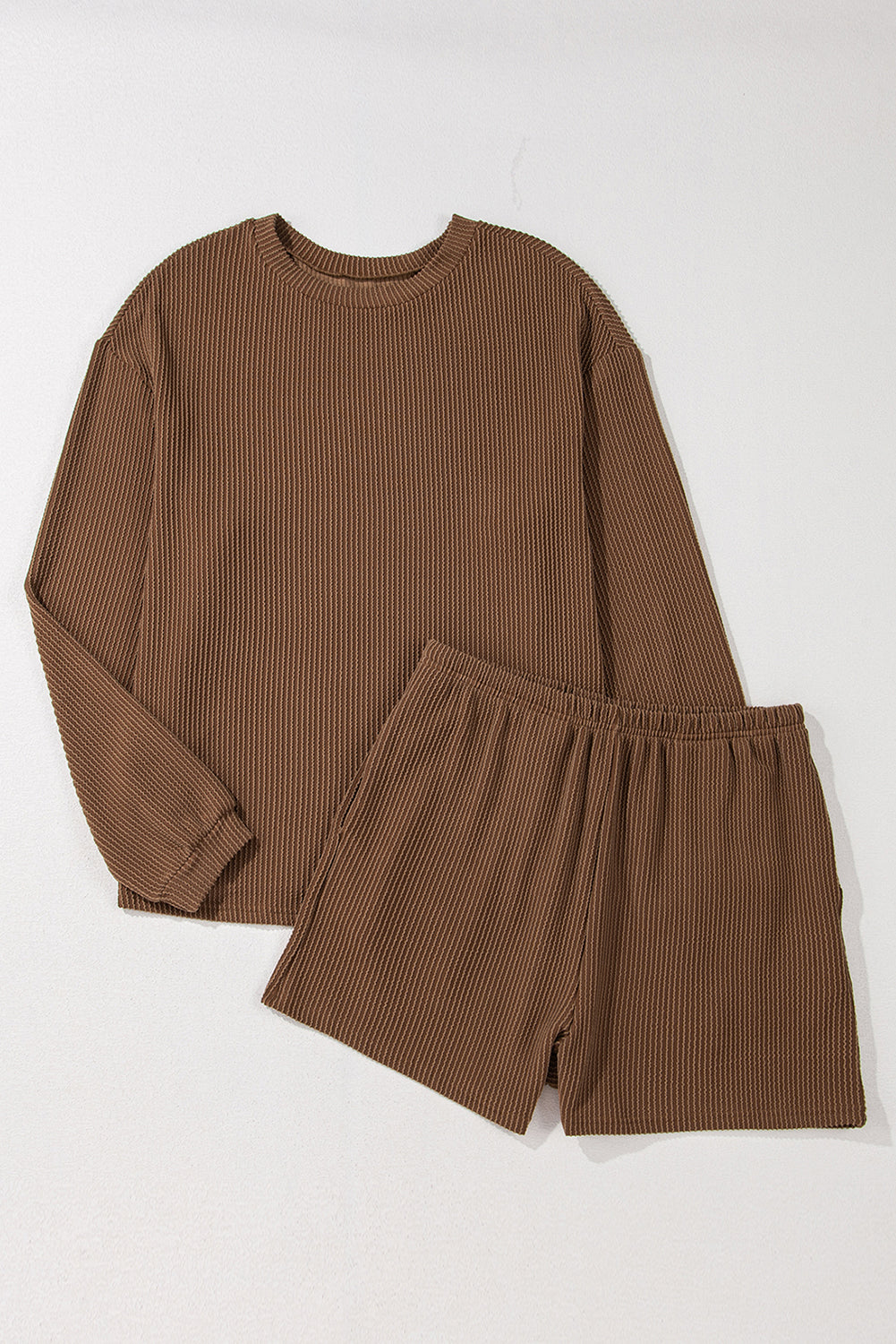 Chestnut Corded Knit Long Sleeve Top and High Waist Shorts Set Short Sets JT's Designer Fashion
