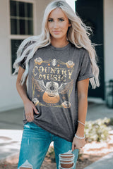Gray COUNTRY MUSIC Guitar Graphic Print Crew Neck T Shirt Graphic Tees JT's Designer Fashion
