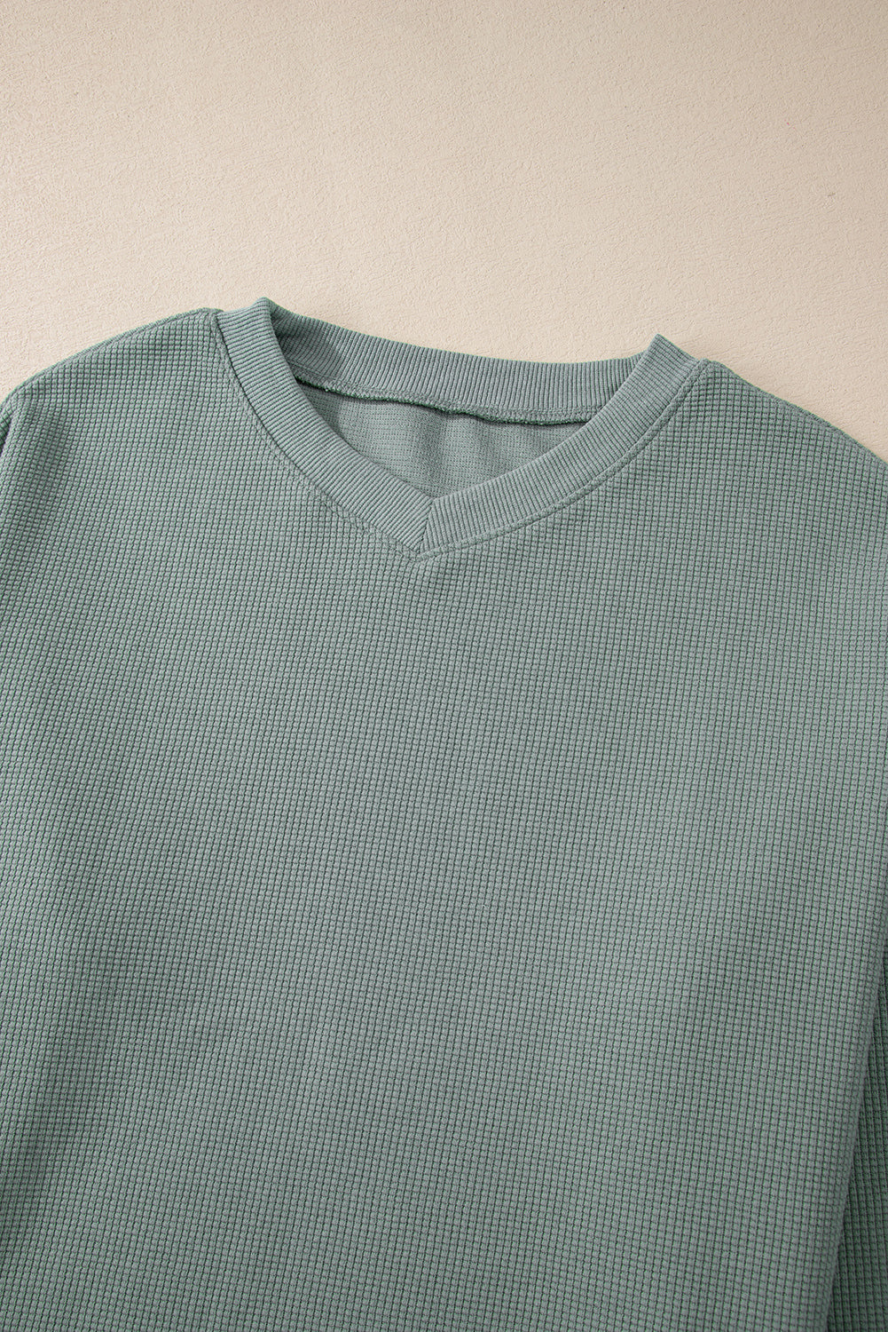 Clearly Aqua Waffle Knit Drop Shoulder V Neck Top Long Sleeve Tops JT's Designer Fashion