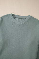 Clearly Aqua Waffle Knit Drop Shoulder V Neck Top Long Sleeve Tops JT's Designer Fashion