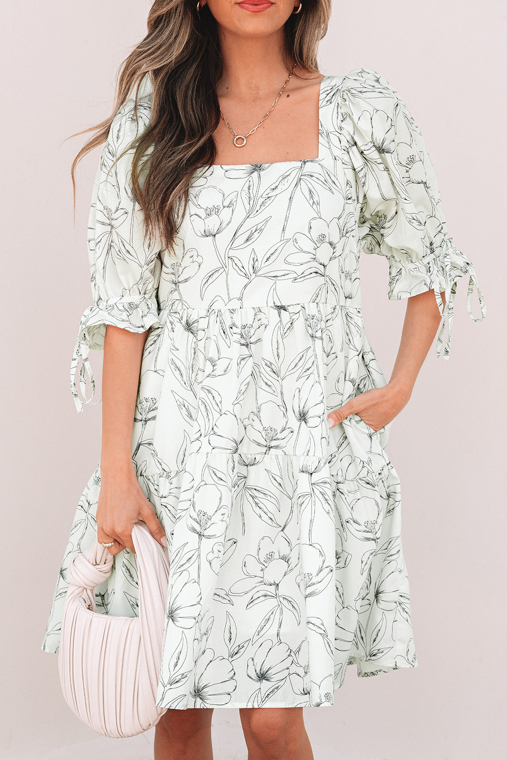Beige Floral Print Square Neck Shirred Back Puff Sleeve Mini Dress Floral Dresses JT's Designer Fashion
