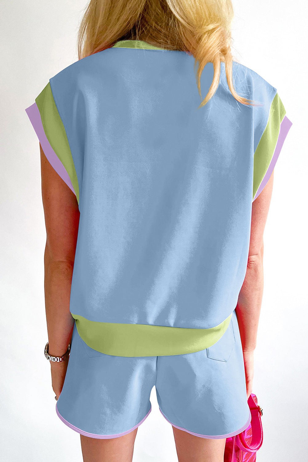 Blue Contrast Trim Cap Sleeve Tee Shorts Set Short Sets JT's Designer Fashion
