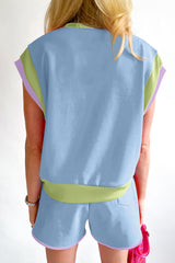 Blue Contrast Trim Cap Sleeve Tee Shorts Set Short Sets JT's Designer Fashion
