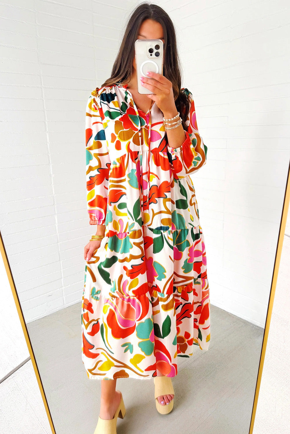 Orange Floral Print Split V Neck Tiered Long Dress Maxi Dresses JT's Designer Fashion