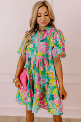 Green Floral Puff Sleeve Collar Buttoned Plus Babydoll Dress Dresses JT's Designer Fashion
