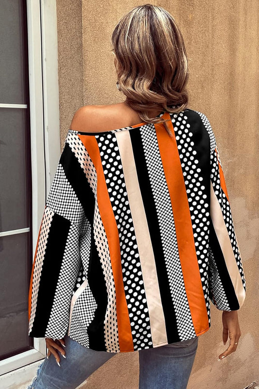 Orange Polka Dot Vertical Striped Printed Puff Sleeve Blouse Blouses & Shirts JT's Designer Fashion