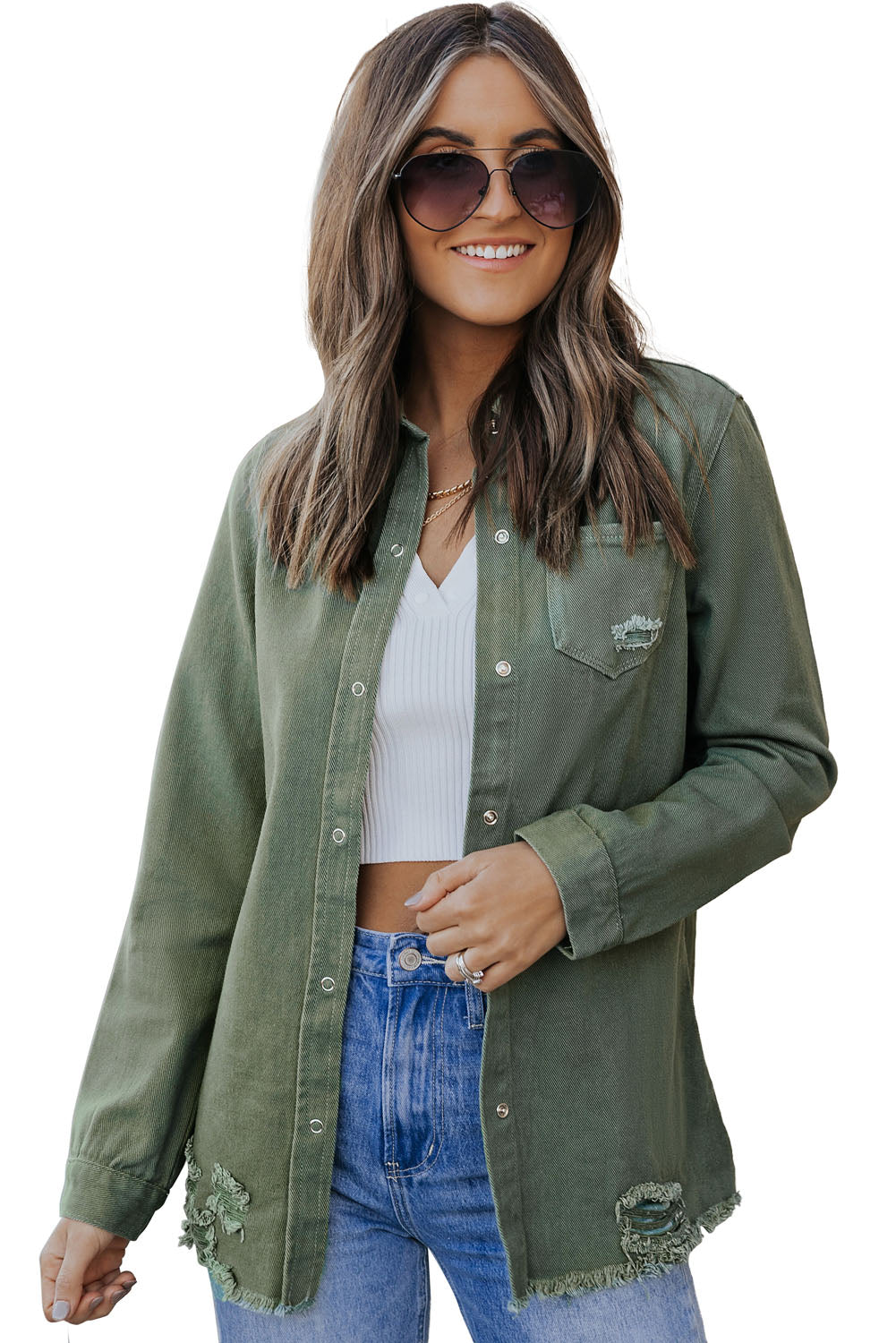Green Ripped Denim Jacket Denim Jackets JT's Designer Fashion