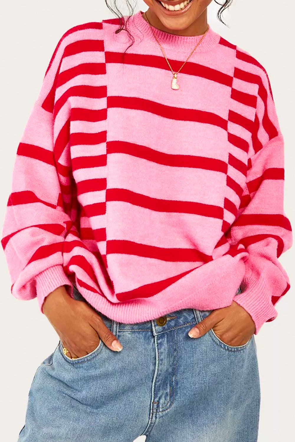 Pink Stripe Bubble Sleeve Drop Shoulder Ribbed Trim Sweater Pink Stripe 50%Viscose+28%Polyester+22%Polyamide Sweaters JT's Designer Fashion