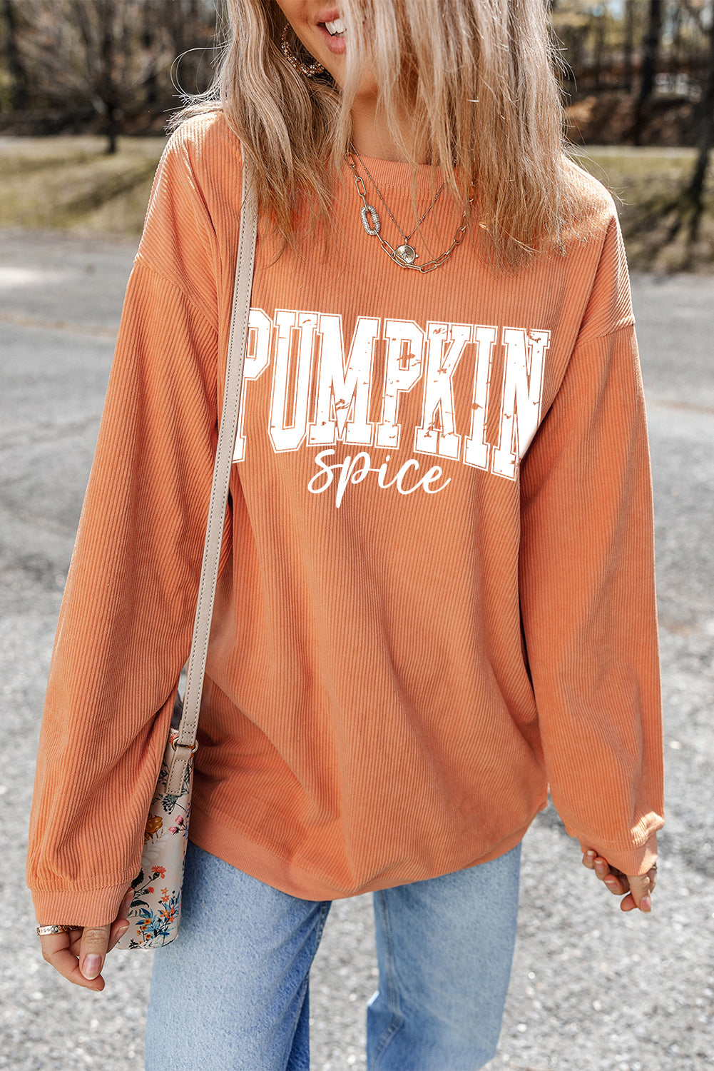 Orange PUMPKIN Spice Graphic Corded Crewneck Sweatshirt Graphic Sweatshirts JT's Designer Fashion