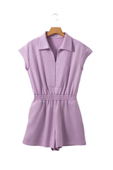 Orchid Bouquet Short Sleeve Zipper Collared Elastic High Waist Romper Jumpsuits & Rompers JT's Designer Fashion