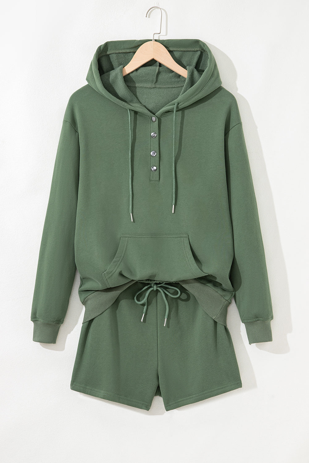 Mist Green Button Drawstring Hooded Pullover and Casual Short Set Short Sets JT's Designer Fashion