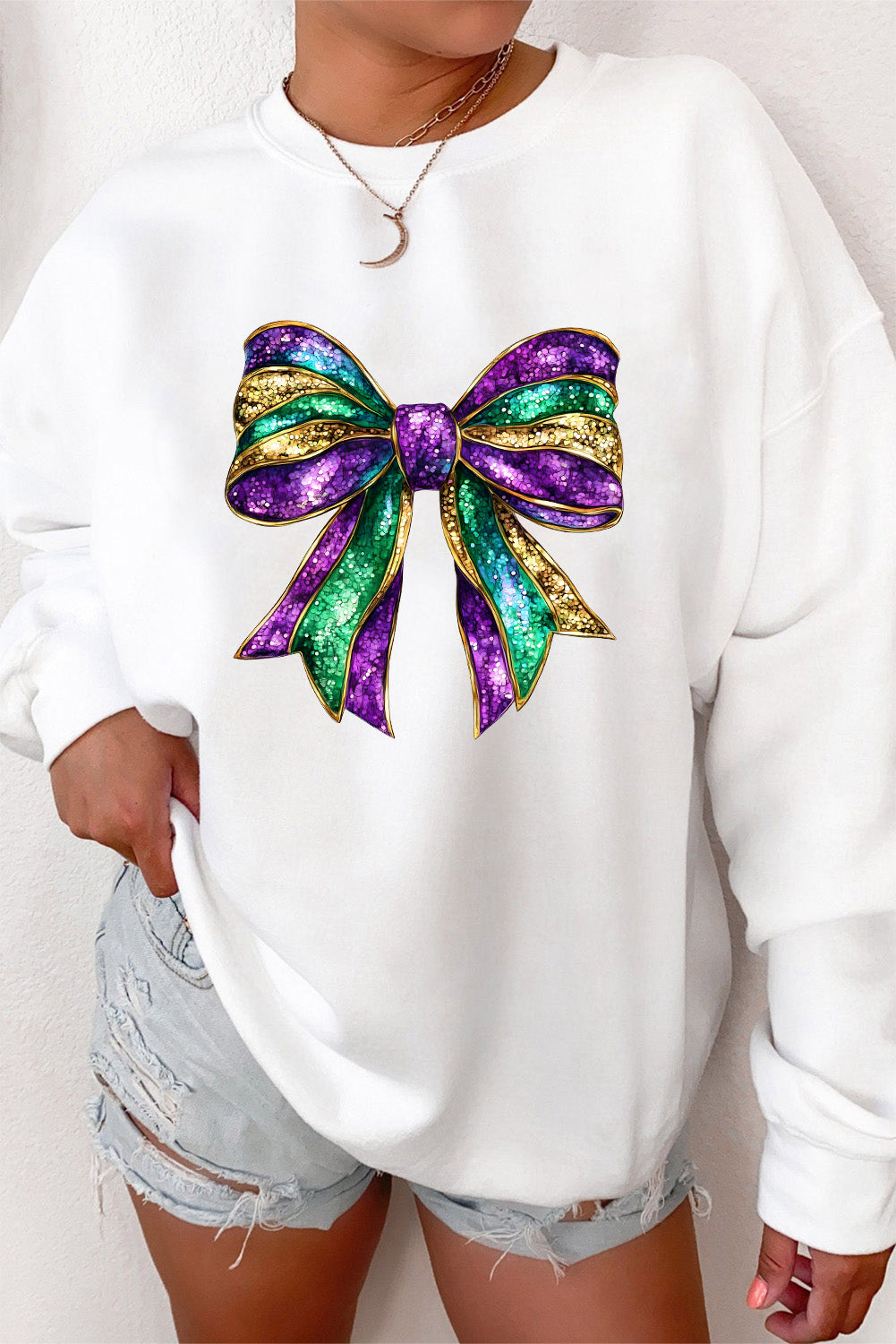 White Mardi Gras Bow Graphic Drop Shoulder Sweatshirt Graphic Sweatshirts JT's Designer Fashion