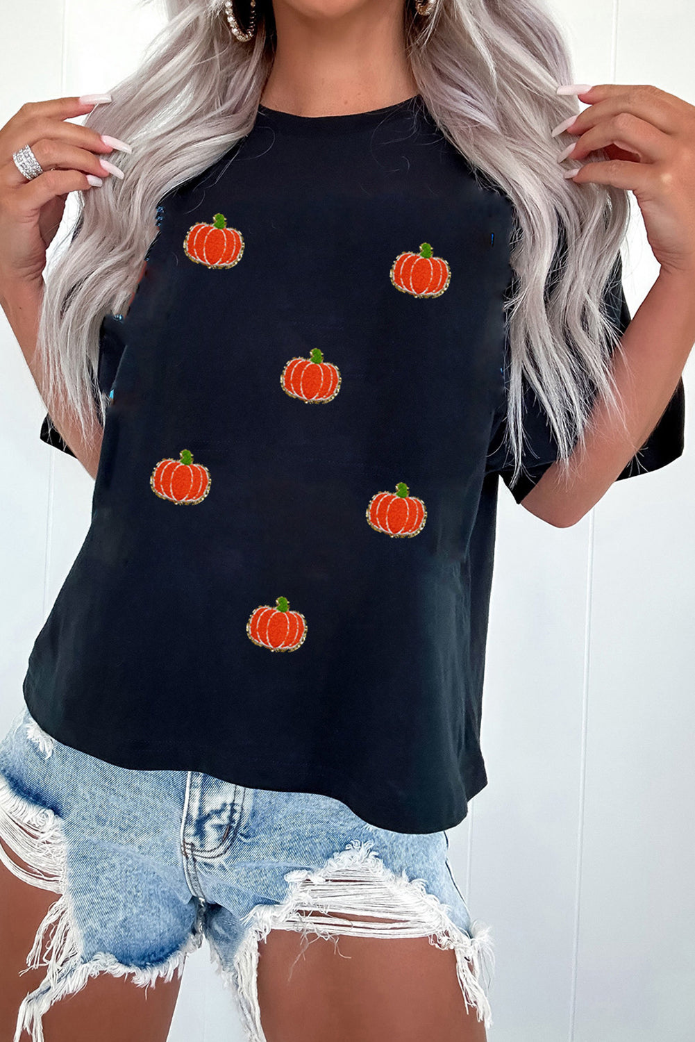 Black Chenille Pumpkin Patched Casual Cotton Blend T Shirt Graphic Tees JT's Designer Fashion