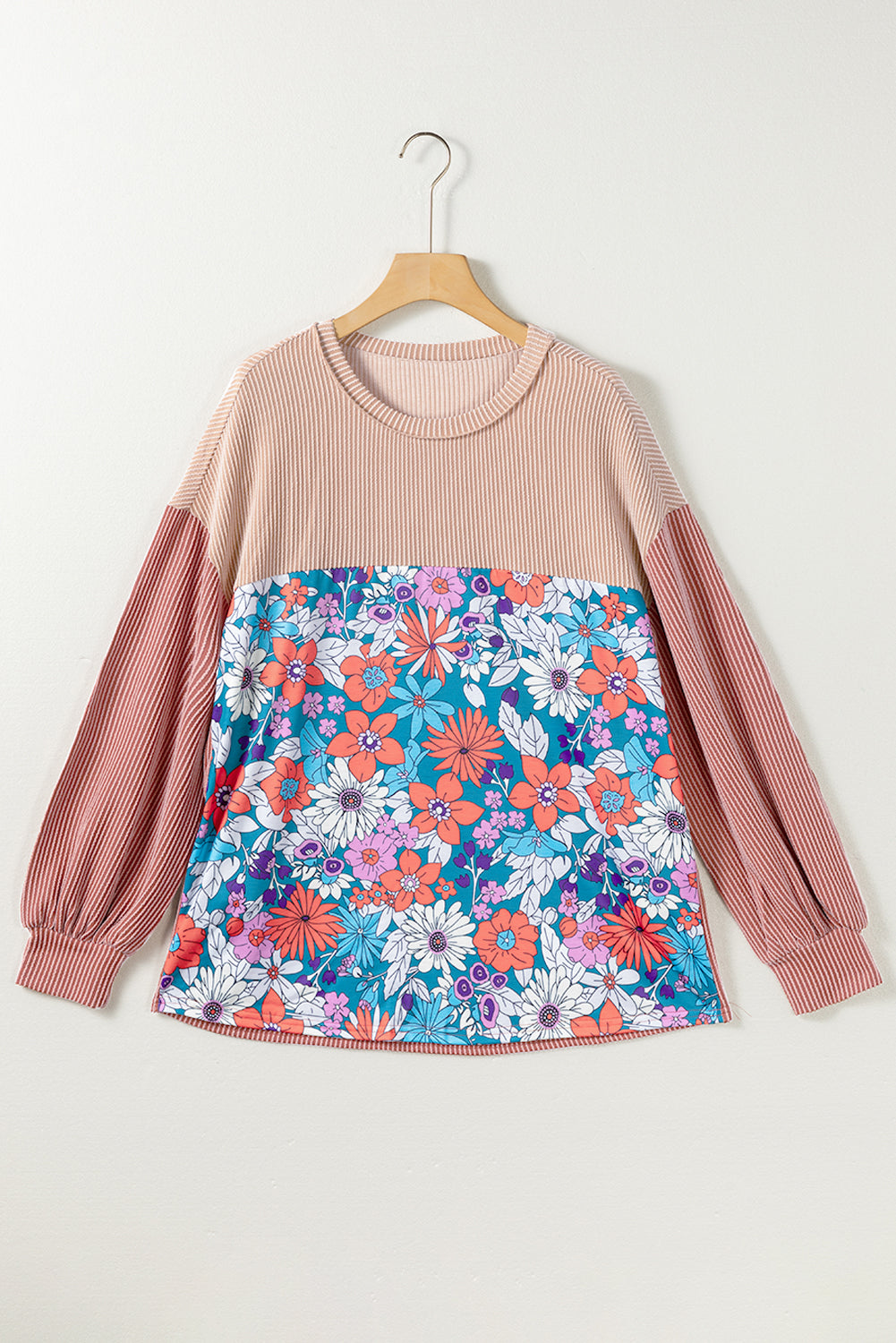 Printed Floral Contrast Colorblock Ribbed Top Long Sleeve Tops JT's Designer Fashion