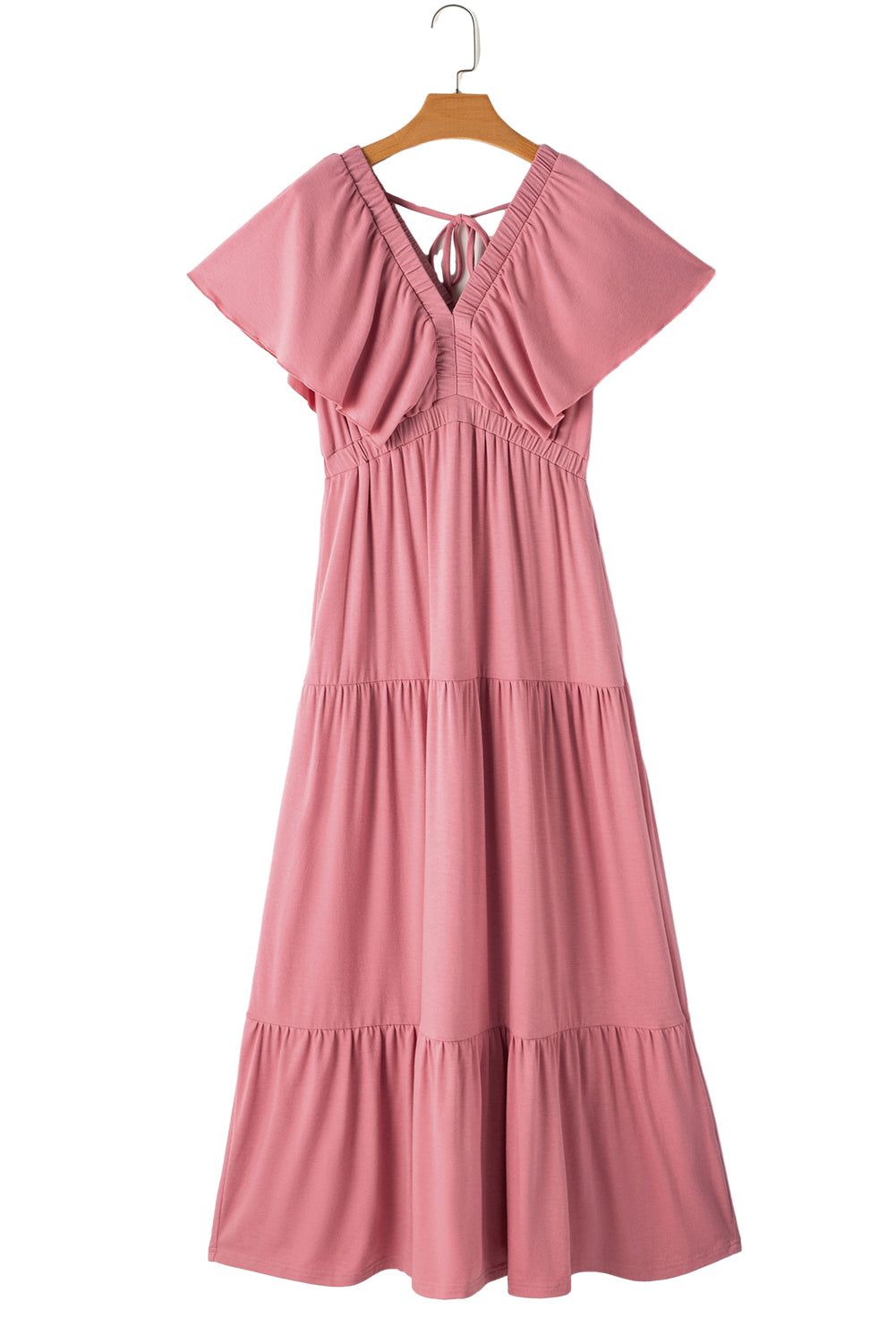 Rose Pink Textured V Neck Flutter Sleeve Ruffled Long Dress Maxi Dresses JT's Designer Fashion