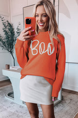 Orange Boo Knitted Pattern Ribbed Edge Drop Shoulder Sweater Sweaters JT's Designer Fashion