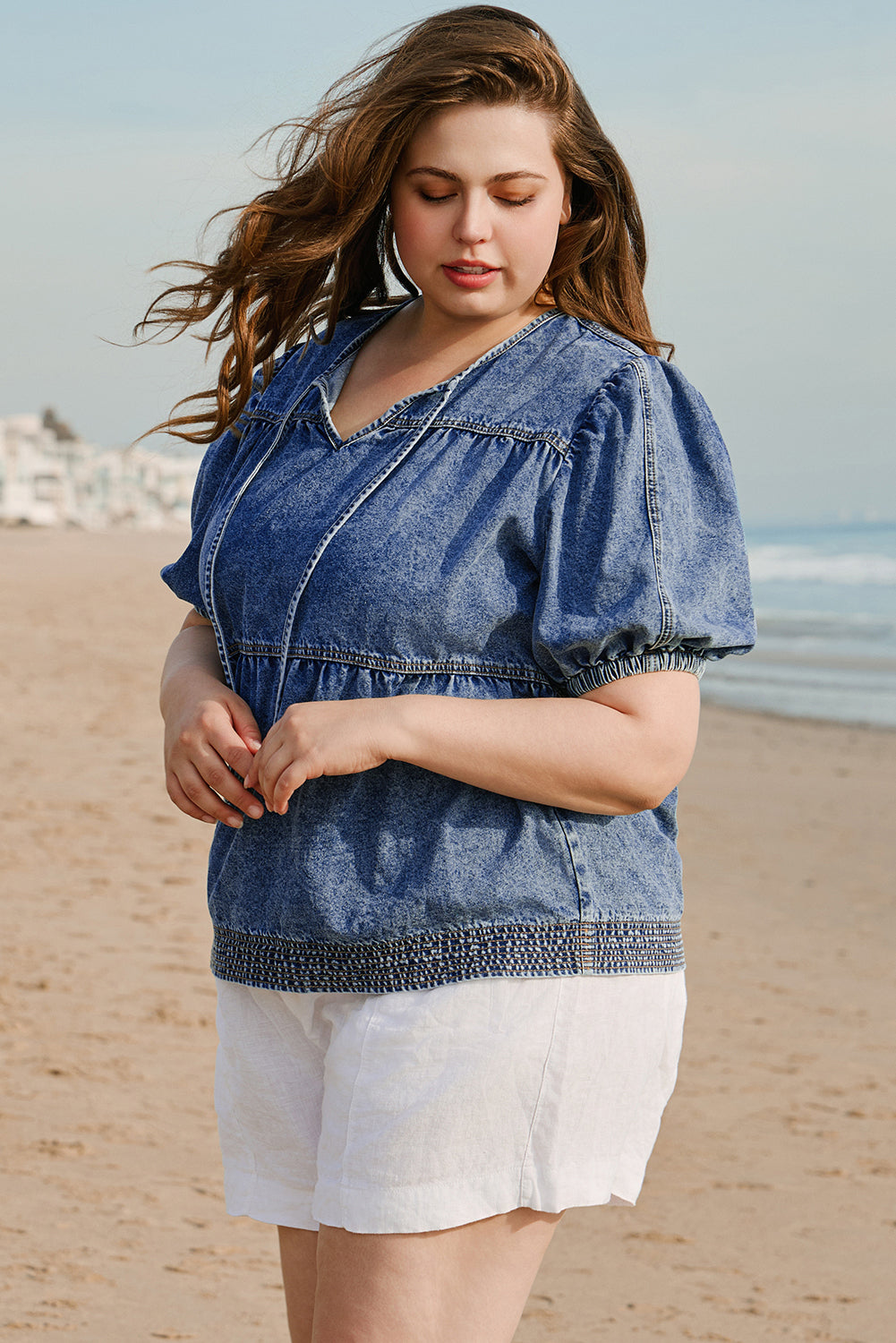 Sail Blue Plus Drawstring V Neck Puff Sleeve Denim Blouse Plus Size Blouses & Shirts JT's Designer Fashion