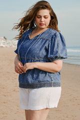 Sail Blue Plus Drawstring V Neck Puff Sleeve Denim Blouse Plus Size Blouses & Shirts JT's Designer Fashion