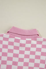 Pink Checkered Buttons Collar V Neck Drop Shoulder Sweater Sweaters JT's Designer Fashion
