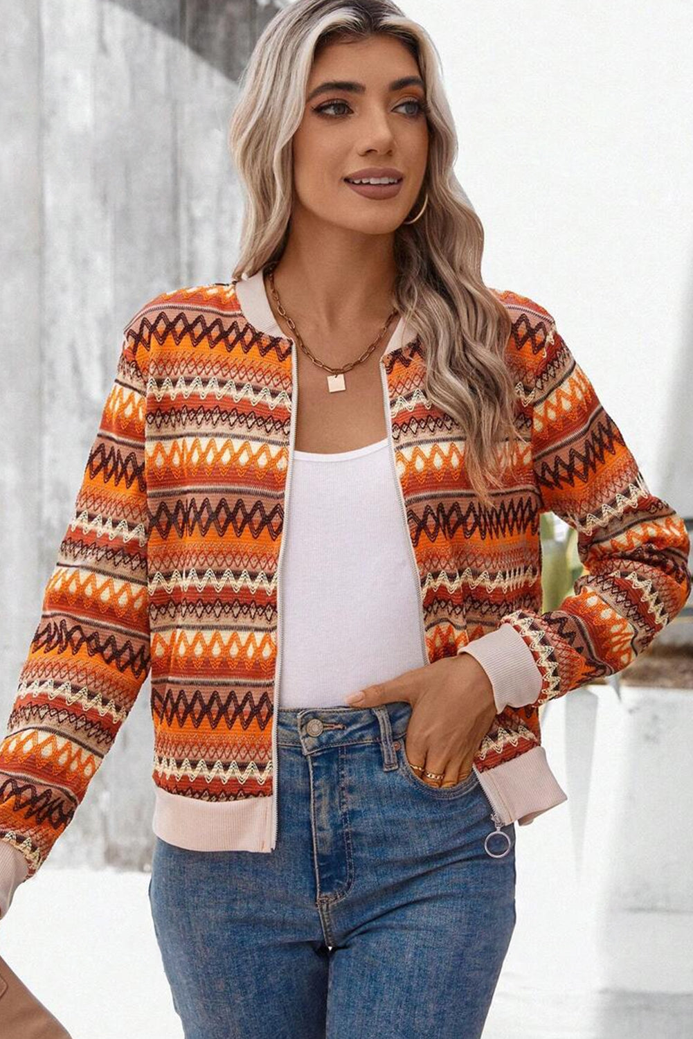 Orange Boho Striped Zip Up Long Sleeve Jacket Jackets JT's Designer Fashion