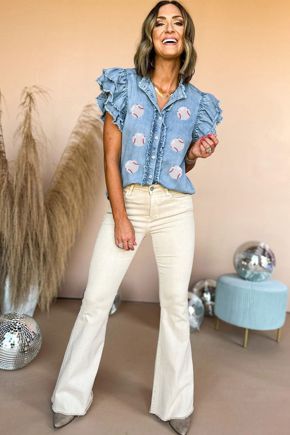 Beau Blue Sequin Baseball Graphic Button Up Ruffled Sleeve Frayed Denim Top Graphic Tees JT's Designer Fashion