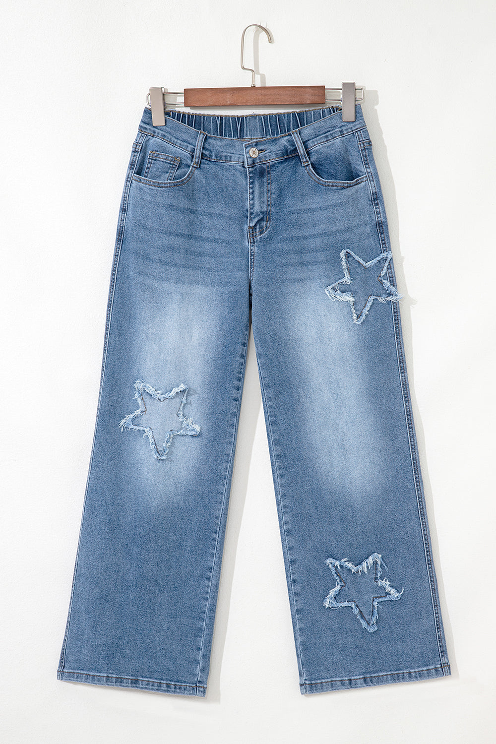 Stone Blue Star Patchwork Cropped Wide Leg High Waist Jeans Jeans JT's Designer Fashion