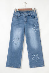 Stone Blue Star Patchwork Cropped Wide Leg High Waist Jeans Jeans JT's Designer Fashion