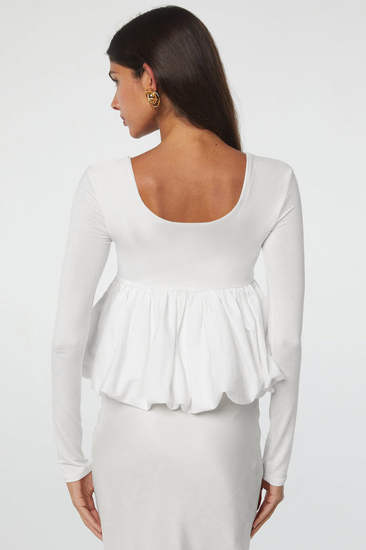 White U Neck Long Sleeve Bubble Hem Top Blouses & Shirts JT's Designer Fashion
