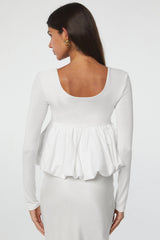 White U Neck Long Sleeve Bubble Hem Top Blouses & Shirts JT's Designer Fashion