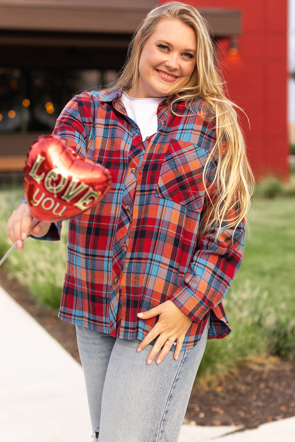 Red Plus Size Plaid Print Buttoned Shirt Plus Size Blouses & Shirts JT's Designer Fashion
