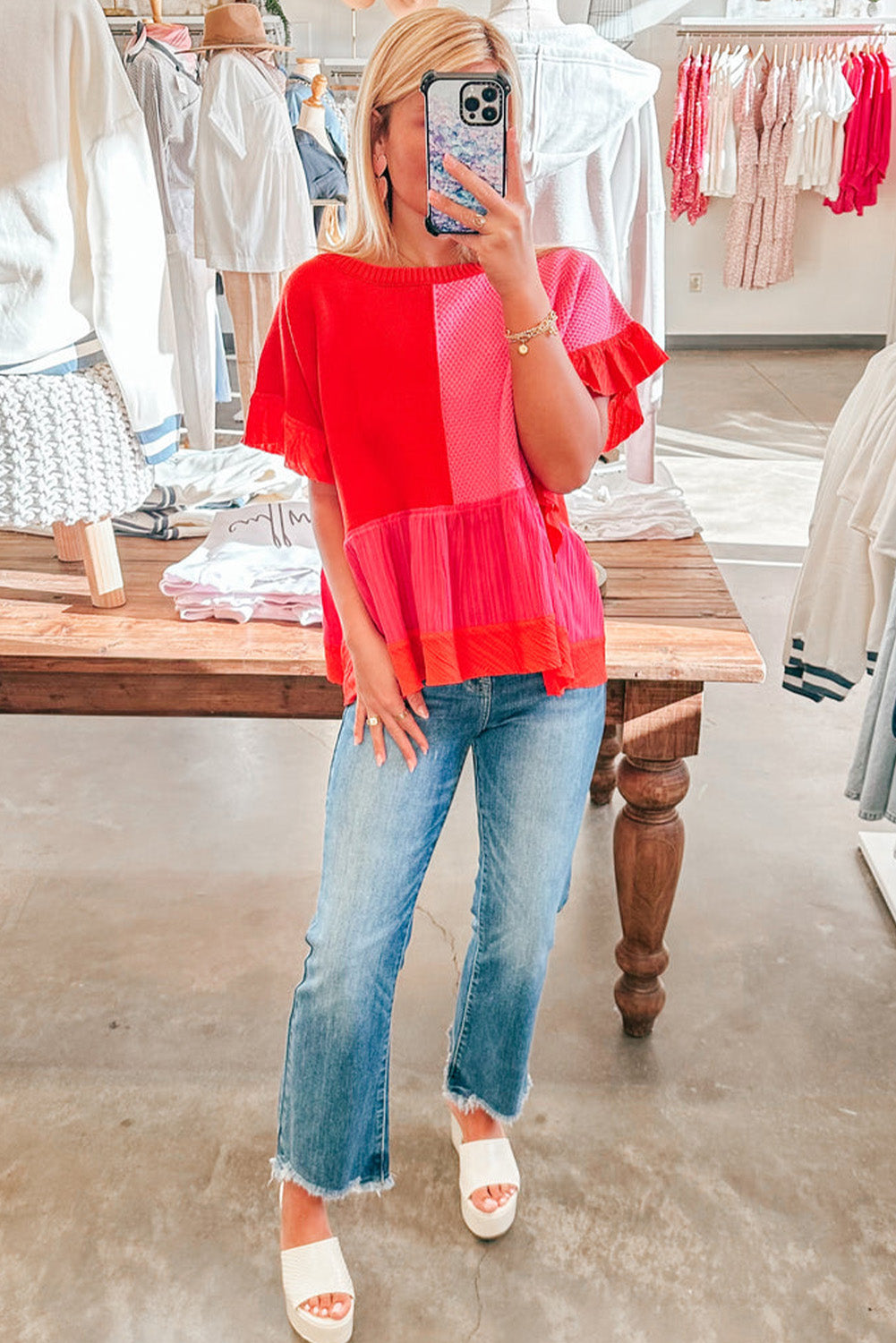 Tomato Red Mix Knitted Patchwork Ruffle Trim Loose Top Sweaters & Cardigans JT's Designer Fashion