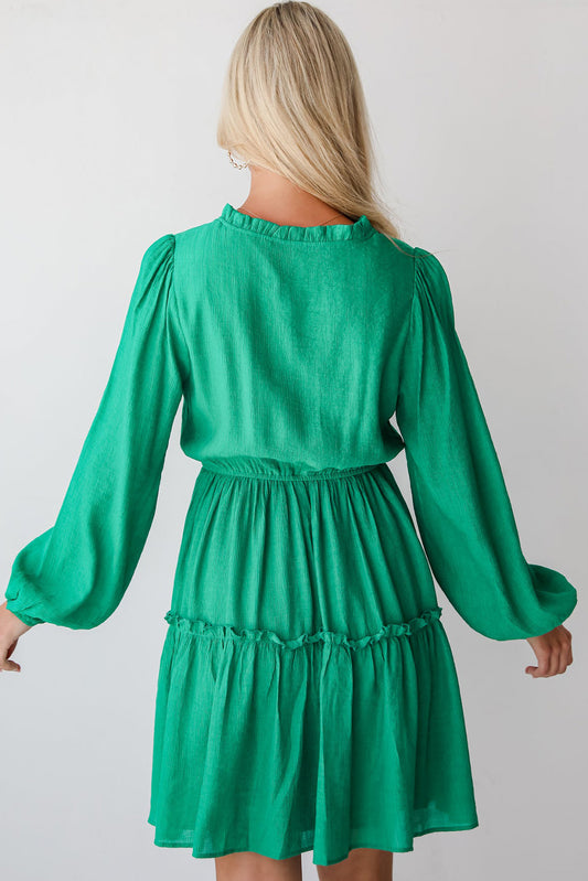 Sea Green Frilly V Neck Puff Sleeve Drawstring Shift Mini Dress Mini Dresses JT's Designer Fashion