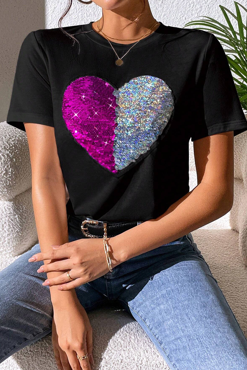 Black Valentine Two Tone Sequined Heart Shaped Graphic T Shirt Graphic Tees JT's Designer Fashion