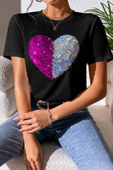 Black Valentine Two Tone Sequined Heart Shaped Graphic T Shirt Graphic Tees JT's Designer Fashion