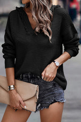 Black V Neck Ribbed Drop Shoulder Hooded Sweater Sweaters & Cardigans JT's Designer Fashion