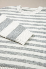 Gray Stripe Drop Shoulder Crew Neck Sweater Sweaters JT's Designer Fashion