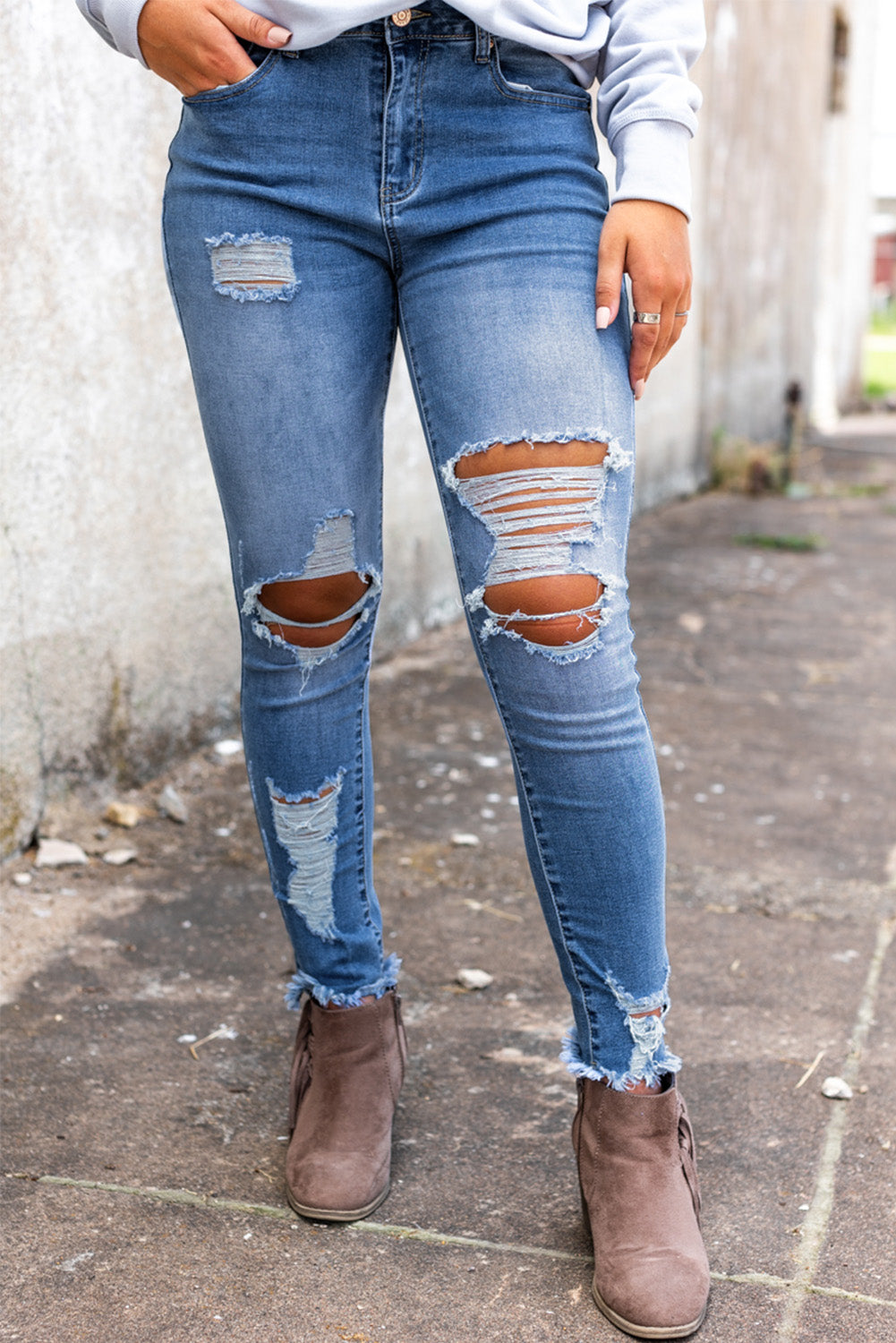 Sky Blue High Waist Distressed Skinny Jeans Sky Blue 70%Cotton+27%Polyester+3%Elastane Jeans JT's Designer Fashion