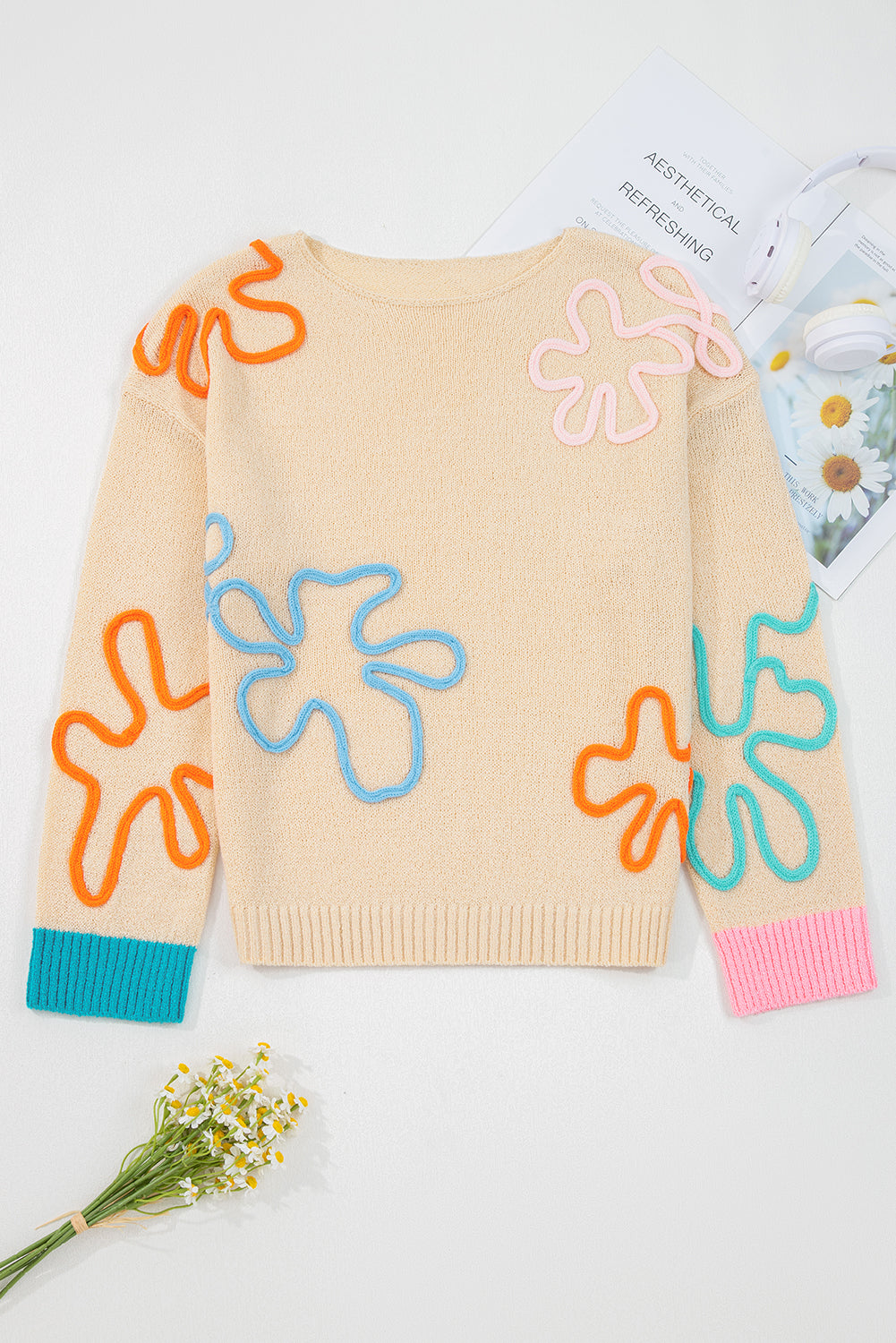 Jet Stream Contrast Flower Detail Colorblock Cuffed Loose Sweater Sweaters JT's Designer Fashion